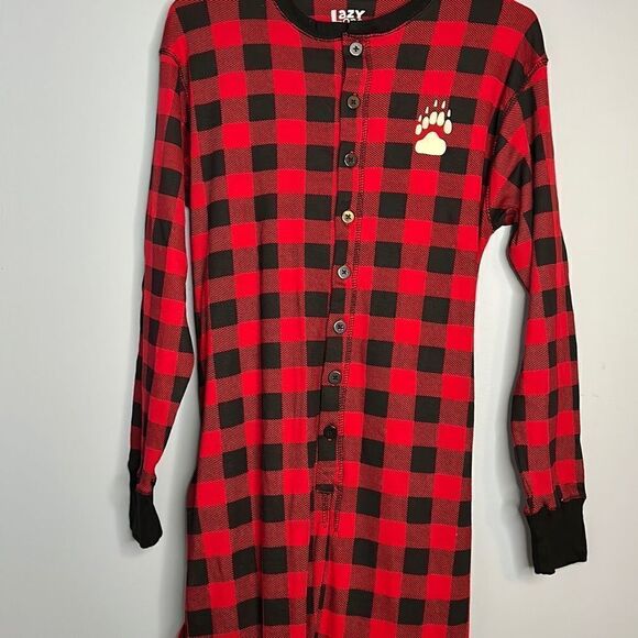 Lazy One Red Black Buffalo Plaid Adult Small onesie Flap Jack Bear Cheeks - Picture 6 of 10